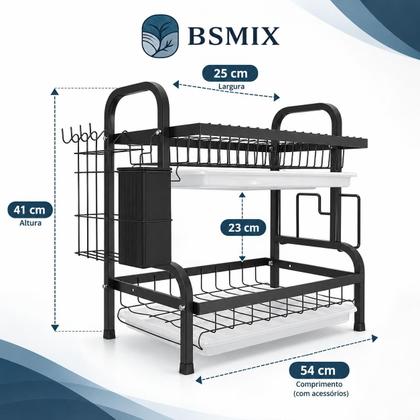 Imagem de Escorredor de Louça BSMIX Preto Fosco 2 Andares 17 Pratos 2 Bandejas Alta Capacidade