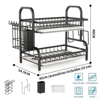 Imagem de Escorredor de Louça Completo Aço Carbono Organizador Escorredor de Pratos Inox, Suporte para Talheres, Copos, Tábuas, Facas Bandeja Coletora dagua
