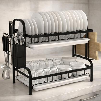 Imagem de Escorredor de Louça Completo Aço Carbono Organizador Escorredor de Pratos Inox, Suporte para Talheres, Copos, Tábuas, Facas Bandeja Coletora dagua