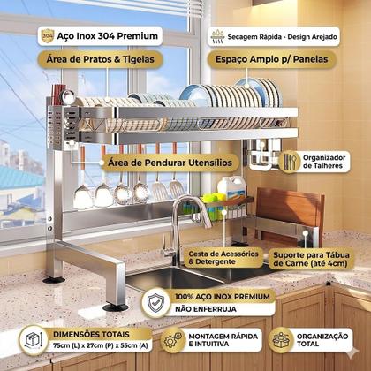 Imagem de Escorredor De Louça Cozinha Suspensa Modula Pia Rack Organizador De Pratos Estante Inox