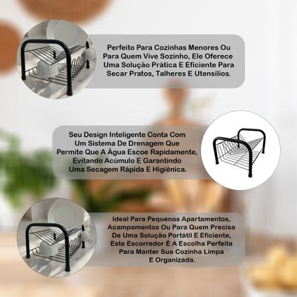 Imagem de Escorredor De Louça Duplo Preto Compacto Eficiente Cozinha Pia Pratos Copos Talheres Secador Organizador