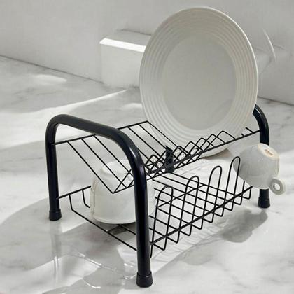 Imagem de Escorredor De Louça Duplo Preto Compacto Eficiente Cozinha Pia Pratos Copos Talheres Secador Organizador