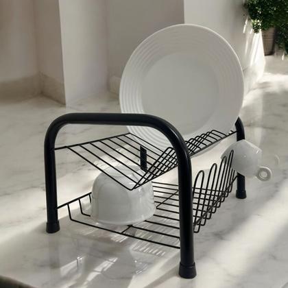 Imagem de Escorredor De Louça Duplo Preto Compacto Eficiente Cozinha Pia Pratos Copos Talheres Secador Organizador