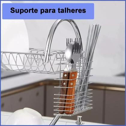 Imagem de Escorredor De Louça Inox Pratos Talheres Copo Cozinha Duplo