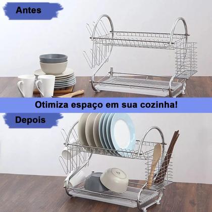 Imagem de Escorredor De Louça Inox Pratos Talheres Copo Cozinha Duplo
