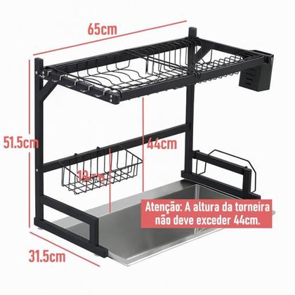 Imagem de Escorredor de Louças Aço Inoxidável Multifuncional com Suporte Cozinha Suspensa Organizador de Louça Bancada Autossustentável 65cm Preto