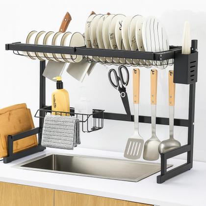 Imagem de Escorredor de Louças Aço Inoxidável Multifuncional com Suporte Cozinha Suspensa Organizador de Louça Bancada Autossustentável 65cm Preto
