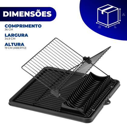 Imagem de Escorredor de Louças Pia Cozinha Retrátil Slim Articulado 16 Pratos Talher Copo Preto Arthi