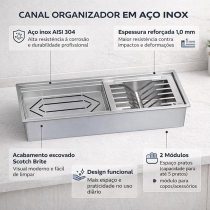 Imagem de Escorredor de Louças Pratos e Copos De Embutir Em Inox 304 47cm Canal Organizador de Bancada Cozinha