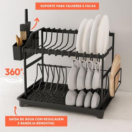 Imagem de Escorredor de Louças Rack Aço Carbono Organizador Porta Talheres Copos Pratos Preto