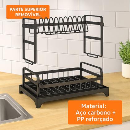 Imagem de Escorredor de Louças Rack Aço Carbono Organizador Porta Talheres Copos Pratos Preto