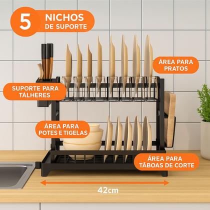 Imagem de Escorredor de Louças Rack Aço Carbono Organizador Porta Talheres Copos Pratos Preto