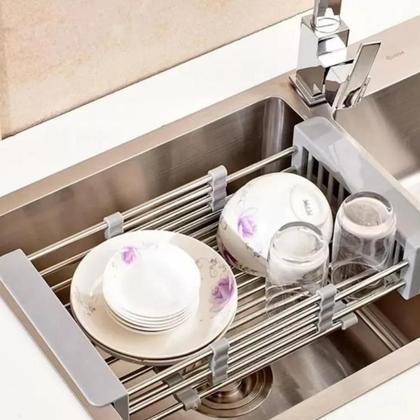 Imagem de Escorredor de pia inox retratil ajustavel cozinha suporte louca frutas legumes cesto fruteira utensilios multiuso