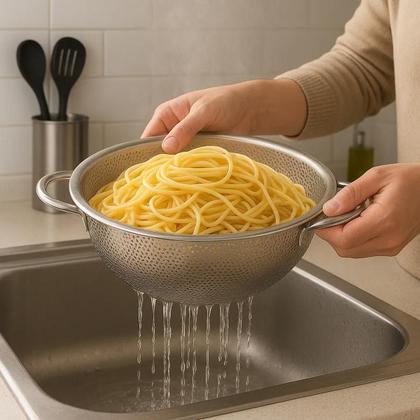 Imagem de Escorredor Inox Macarrao Massas Legumes Frutas Verduras Preparo Versatil Multiuso Cozinha