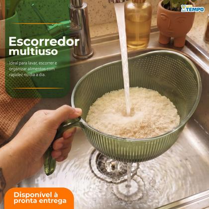 Imagem de Escorredor Lava Arroz Multiuso Com Alça Bico Plástico Resistente Grãos Frutas Legumes Drenagem Rápida