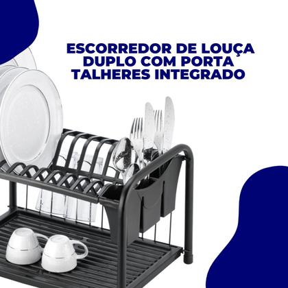 Imagem de Escorredor Organizador Louça Pia Cozinha Bancada Duplo Pratos Talheres Copos Compacto Preto Arthi