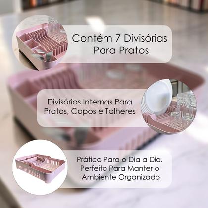 Imagem de Escorredor Secador De Louças Plástico Compacto Porta Pratos Copos Talheres Preto/Rosa Organização Pia Bancada