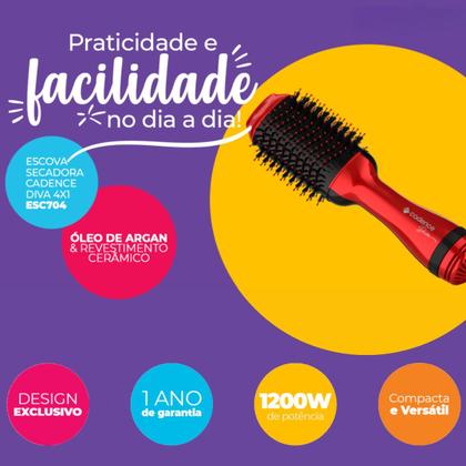 Imagem de Escova Cadence ESC704 1200W 110V Argan Diva Profissional Vermelha 4 em 1: Seca, Escova, Alisa e Modela.