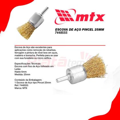 Imagem de Escova de aço com haste tipo pincel 25mm - 10 unidades - MTX