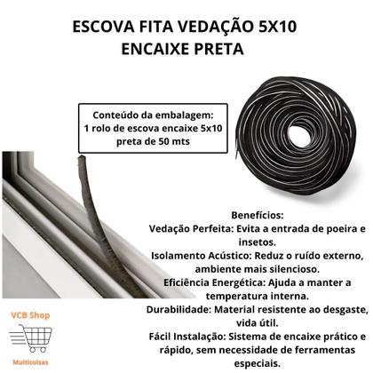 Imagem de Escova fita vedação 5x10 preta rolo c/50 mts encaixe janela porta aluminio