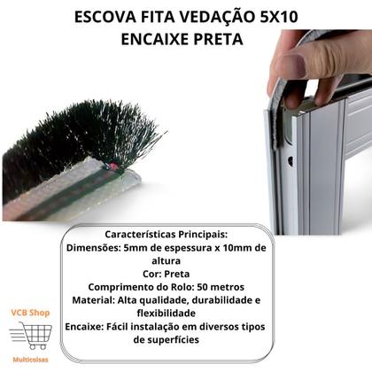 Imagem de Escova fita vedação 5x10 preta rolo c/50 mts encaixe janela porta aluminio