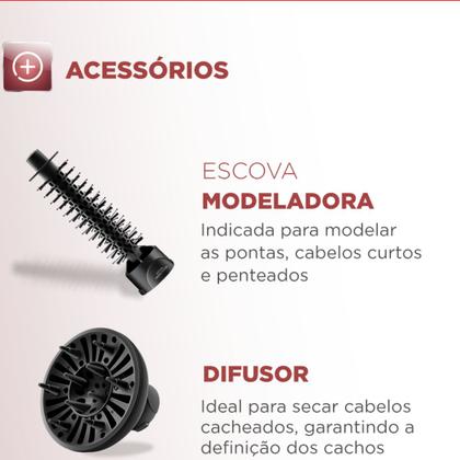 Imagem de Escova Rotativa Elétrica de cabelo ceramic íon Turbo 1200W kit 4 em1 com Difusor e Modelador ER-10