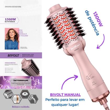 Imagem de Escova Secadora Alisadora Britânia Ions Tourmaline 4 Em 1 1300w Tube Rose Bivolt Prancha Gama Italy Digital Progressiva 450ºf
