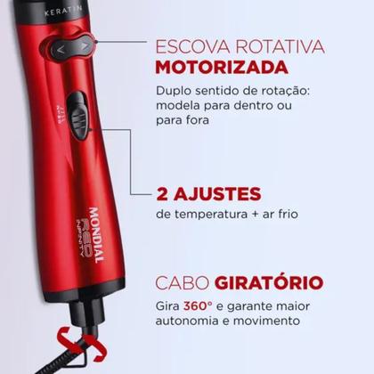 Imagem de Escova Secadora Rotativa Mondial ER11 Red Infinity Keratin 3 em 1 1000W Cabo 360 Vermelha - 110V