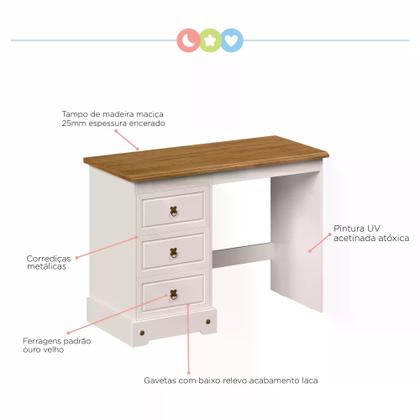 Imagem de Escrivaninha 3 Gavetas com Tampo em Madeira Maciça Smile Creme/Carvalho