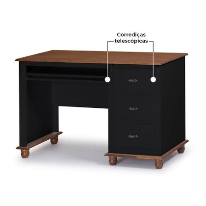 Imagem de Escrivaninha 3 Gavetas Suporte para Teclado Divisor de Ambiente 50605 Linz Moveis - Preto/Imbuia Glazer