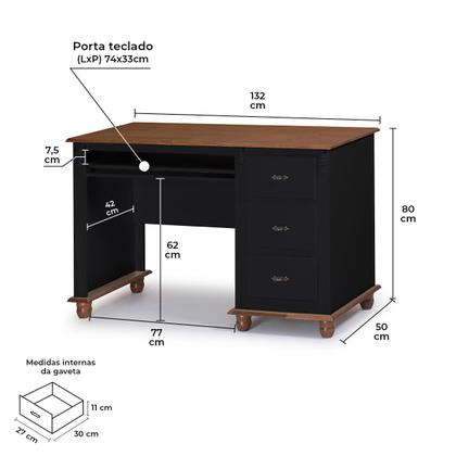 Imagem de Escrivaninha 3 Gavetas Suporte para Teclado Divisor de Ambiente 50605 Linz Moveis - Preto/Imbuia Glazer