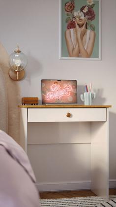 Imagem de Escrivaninha com Gaveta Mesa de Estudos Home Office Escritório Estilo - Off White com Freijó