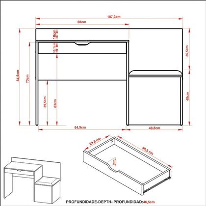 Imagem de Escrivaninha Com Puff 1 Gaveta 107,3x84,5x46,5 cm Branco