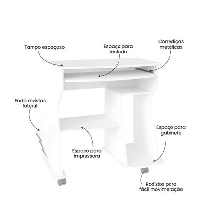 Imagem de Escrivaninha com Rodinhas, Espaço para Computador, CPU e Suporte para Teclado 160 Artely Branco