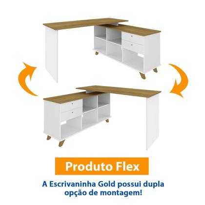 Imagem de Escrivaninha Em L Com 2 Gavetas e 5 Nichos Artany Gold Cor Olmo com Branco