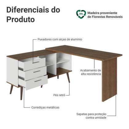 Imagem de Escrivaninha Em L Mesa Para Computador Gamer 3 Gavetas Branco/rustic Lisboa Madesa
