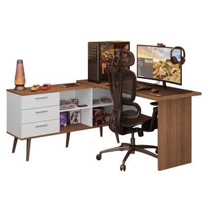 Imagem de Escrivaninha Em L Mesa Para Computador Gamer 3 Gavetas Branco/rustic Lisboa Madesa