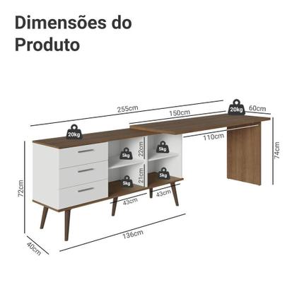 Imagem de Escrivaninha Em L Mesa Para Computador Gamer 3 Gavetas Branco/rustic Lisboa Madesa