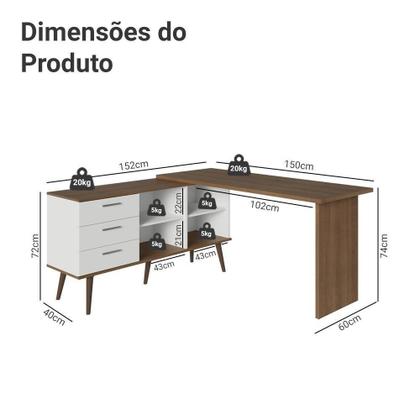 Imagem de Escrivaninha Em L Mesa Para Computador Gamer 3 Gavetas Branco/rustic Lisboa Madesa