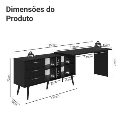 Imagem de Escrivaninha Em L Mesa Para Computador Gamer 3 Gavetas Preto Lisboa Madesa