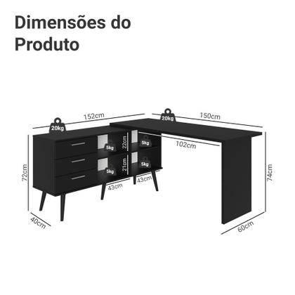 Imagem de Escrivaninha Em L Mesa Para Computador Gamer 3 Gavetas Preto Lisboa Madesa