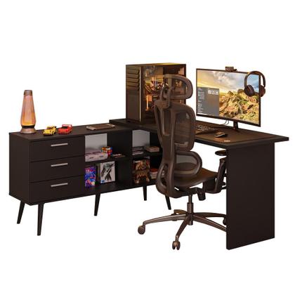 Imagem de Escrivaninha Em L Mesa Para Computador Gamer 3 Gavetas Preto Lisboa Madesa