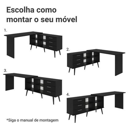 Imagem de Escrivaninha Em L Mesa Para Computador Gamer 3 Gavetas Preto Lisboa Madesa