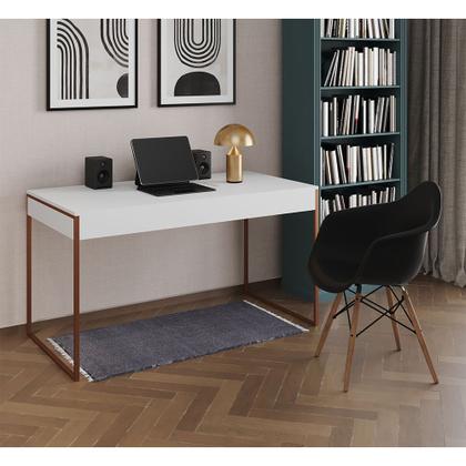 Imagem de Escrivaninha Home Office Estilo Industrial Malta Branca 137x53cm Base Cobre com 1 Poltrona Preta Eam