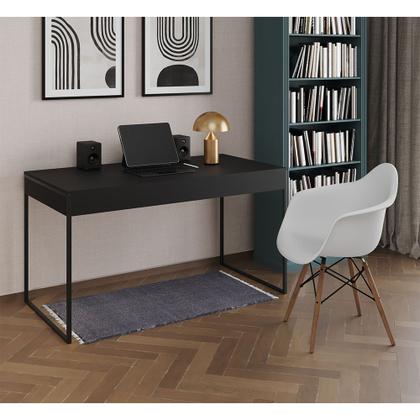 Imagem de Escrivaninha Home Office Estilo Industrial Malta Preta 137x53cm Ferro Preto com 1 Poltrona Branca Ea