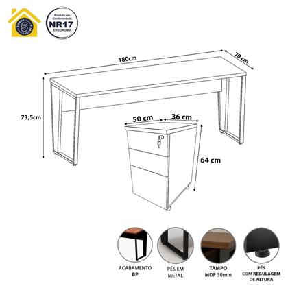 Imagem de Escrivaninha Industrial 1,80m x 0,70m Gaveteiro 3 Gavetas F5