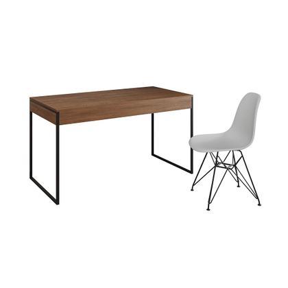 Imagem de Escrivaninha Industrial Escritório Malta Amêndoa 137x53cm com 1 Cadeira Eames Eiffel Branca Base Fer