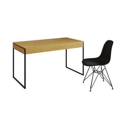 Imagem de Escrivaninha Industrial Escritório Malta Canela 137x53cm com 1 Cadeira Eames Eiffel Preta Base Ferro
