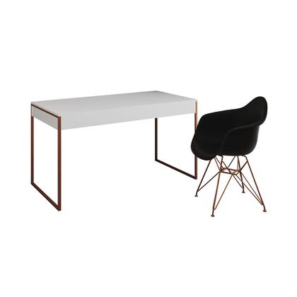 Imagem de Escrivaninha Industrial Office Estudo Malta Branca 137x53cm com 1 Poltrona Preta Eames Eiffel Base C