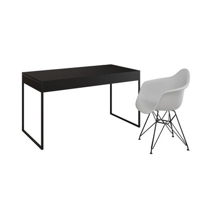 Imagem de Escrivaninha Industrial Office Estudo Malta Preta 137x53cm com 1 Poltrona Branca Eames Eiffel Base F